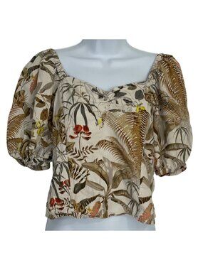 H&M Womens Floral Linen Blend Puff Sleeve Blouse XS Babydoll Beach Festival